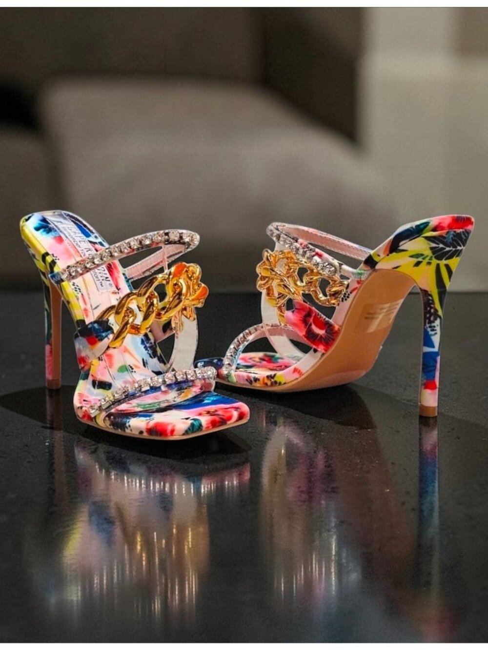 Floral Open-Toe High Heels With Rhinestone & Gold Chain Straps Multicolor Womens - Picture 2 of 14